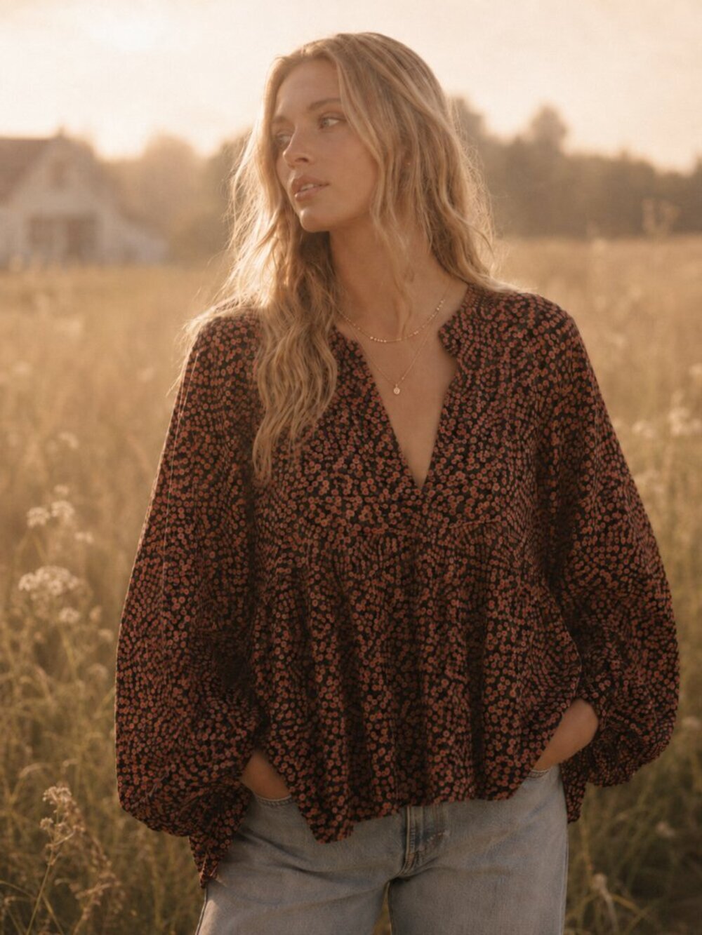 HALEY SOLAR Ethical Made in LA Ditsy Rose Print Balloon Sleeve Blouse